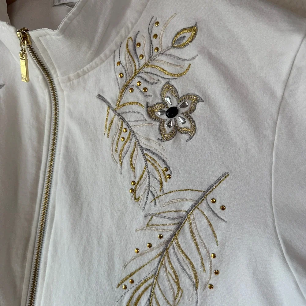 Erin London Womens Zip‎ Up Top Embroidered Satin Embellishments Cotton Casual